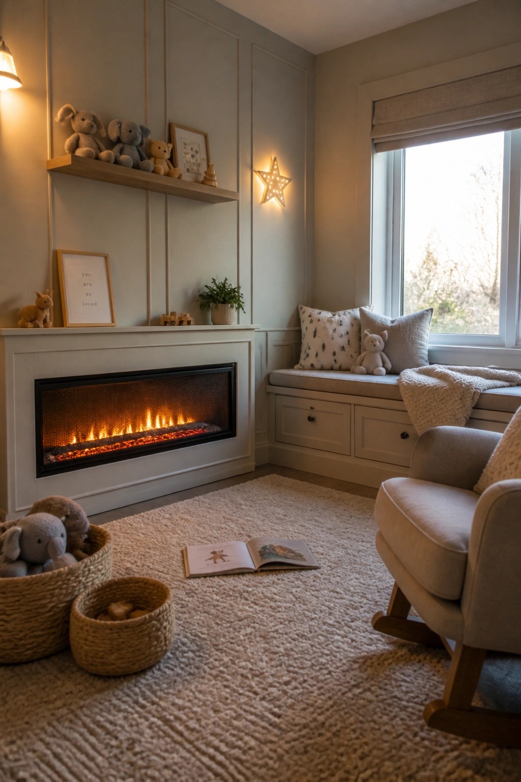 A room with a white fireplace mantel and electric fire glowing inside, a built-in window bench with pillows to the right, a rocking chair in the foreground, woven baskets holding stuffed animals on a large rug, and an open children's book on the floor.