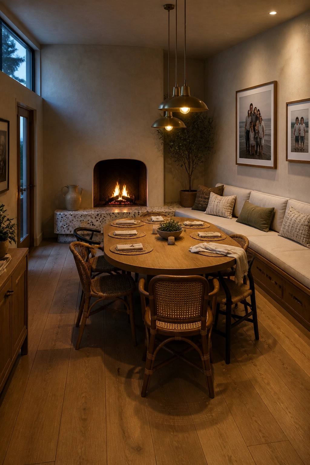 Cozy dining area with round wooden table, wicker chairs, and lit fireplace