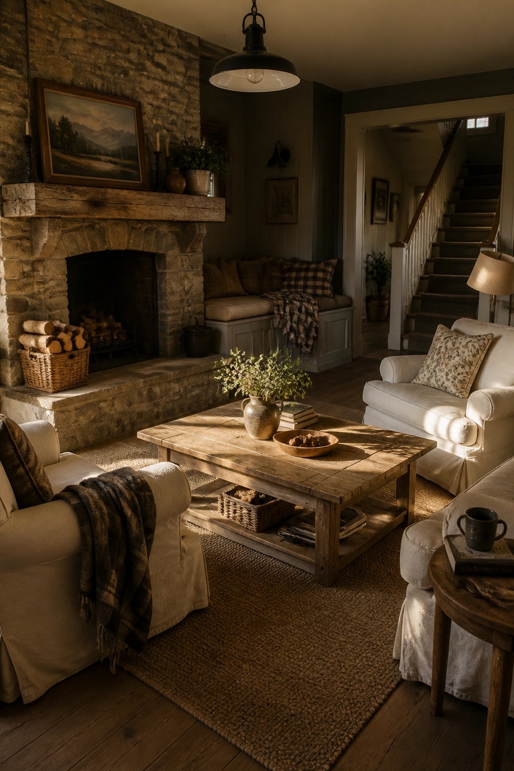 A living room with a large stone fireplace, white upholstered armchairs and sofa arranged around a wooden coffee table on a jute rug, with a built-in bench visible in the background.