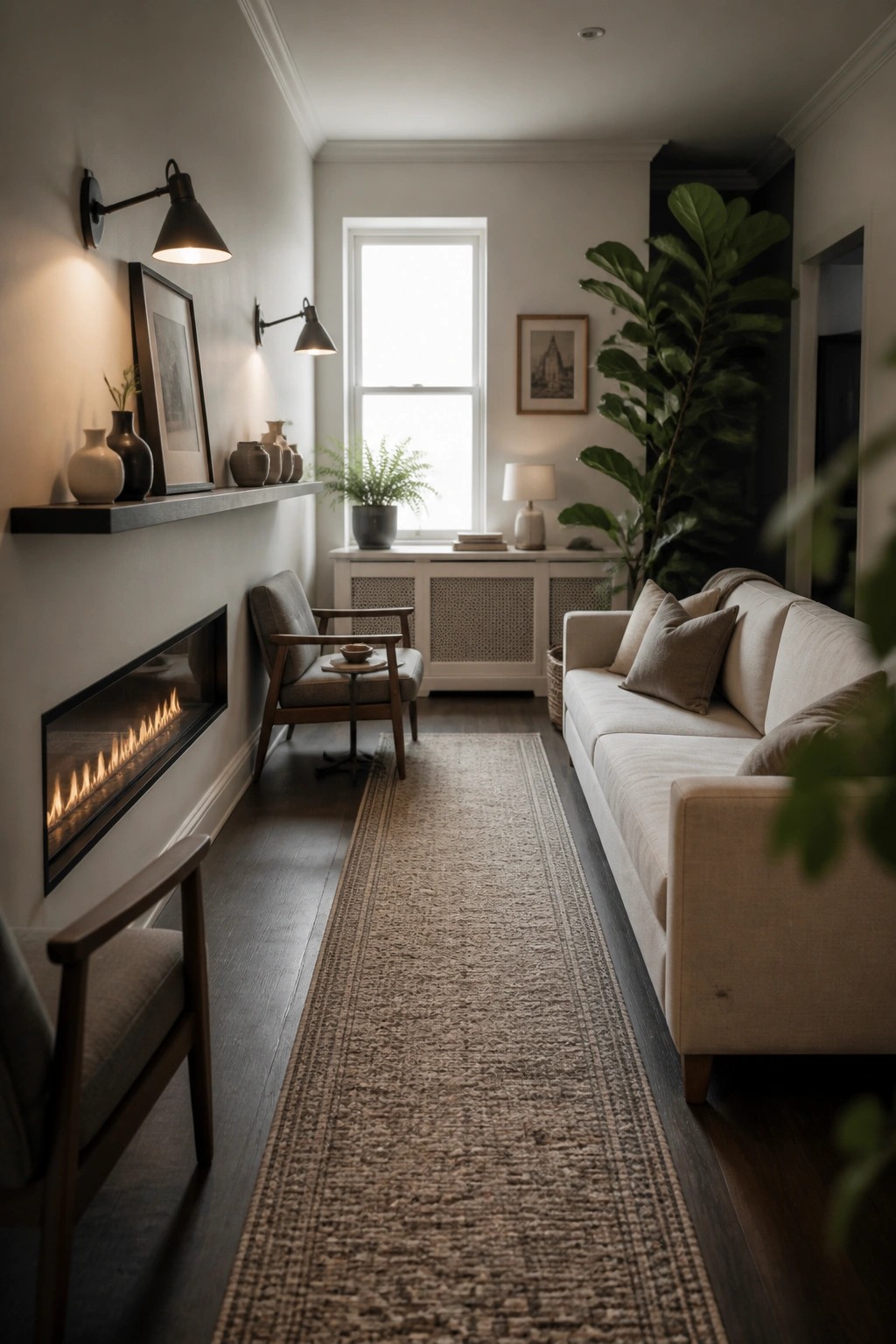 A narrow living room features a linear fireplace on the left wall, a long sofa on the right, two armchairs opposite, and a runner rug running down the center.
