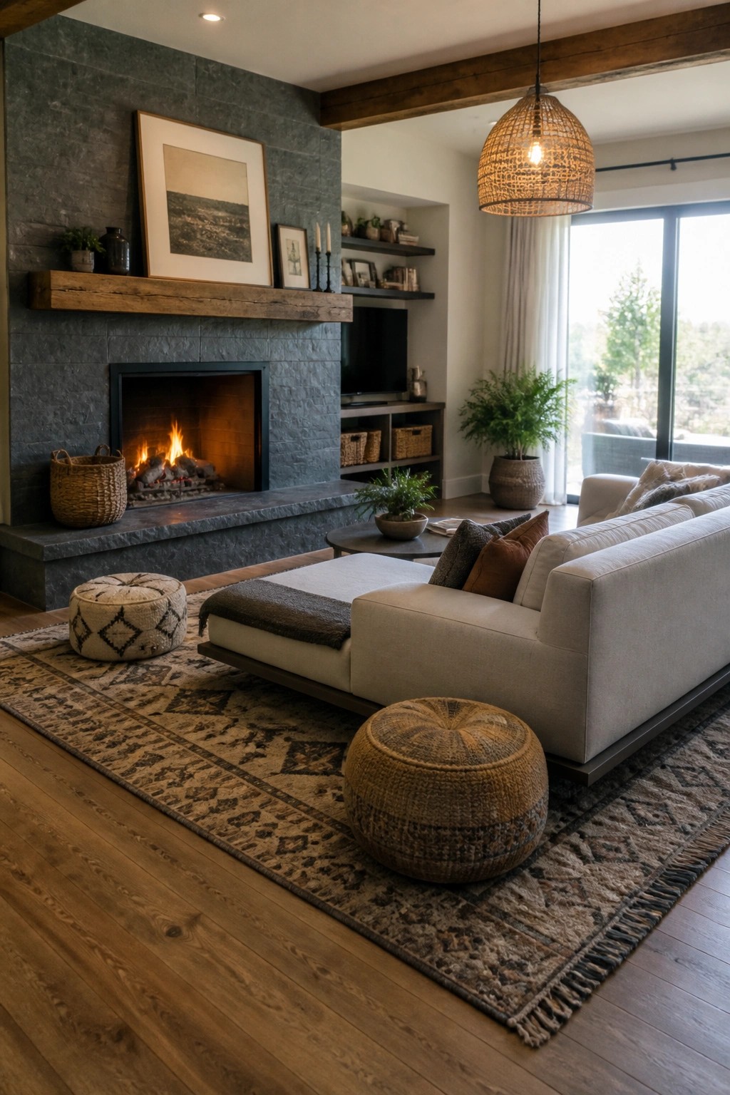 Living room with a stone fireplace, lit fire, beige sofa on a large patterned rug, round coffee table, and woven poufs.