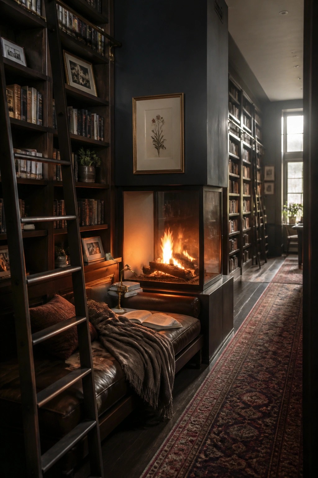 A dark-walled library with floor-to-ceiling bookshelves, a central glass-fronted fireplace, and a brown leather bench positioned directly in front of the fire with an open book on it.