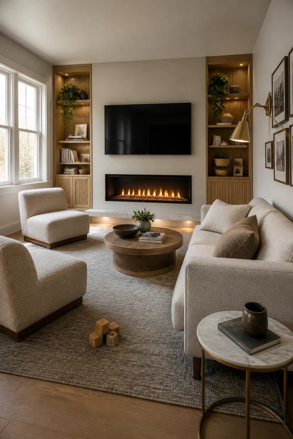 A living room featuring a linear fireplace with a television mounted above it, flanked by lit wooden built-in shelves, and arranged with two armchairs, a sofa, and a round coffee table on a large area rug.
