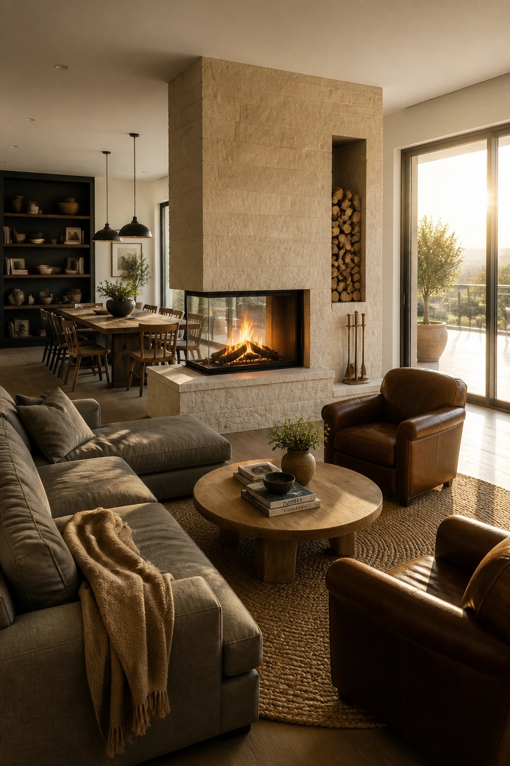 A living room featuring a central stone fireplace with a wood storage niche, two brown leather armchairs, a gray sectional sofa, and a round wooden coffee table on a woven rug.