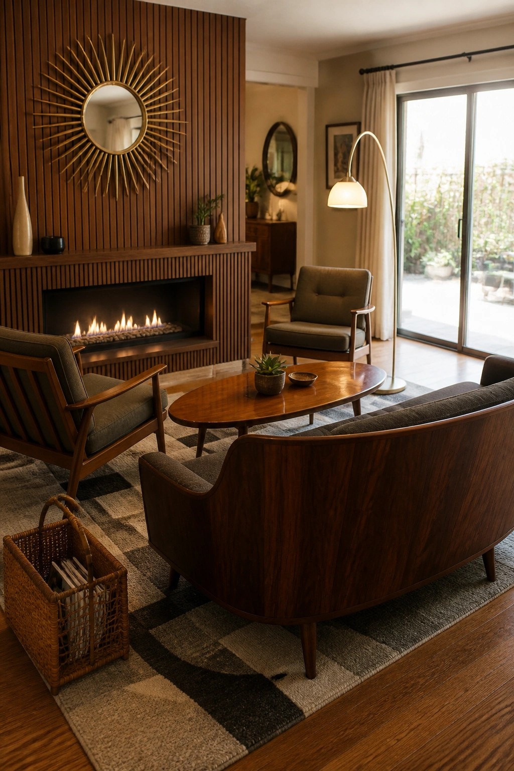 A living room featuring a linear fireplace built into a vertical wood wall, with a curved sofa and two armchairs arranged around an oval coffee table on a geometric rug.