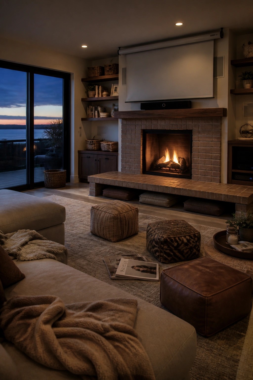 A living room with a brick fireplace featuring a long extended hearth lined with floor cushions and poufs, a large sectional sofa in the foreground, and built-in shelves on either side.