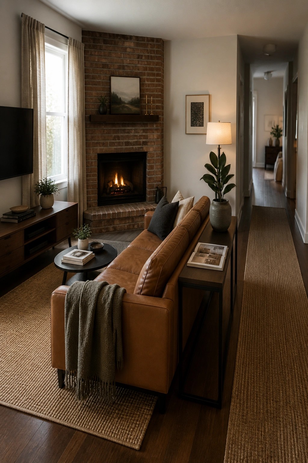 Cozy living room with brown leather sofa, brick fireplace, wooden furniture, and plants.