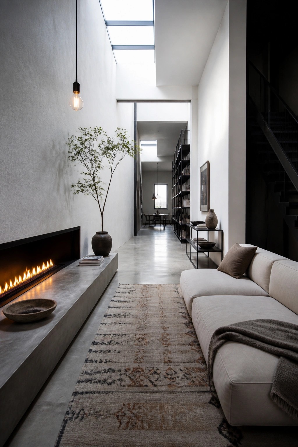 A narrow modern living room with a linear fireplace set into a concrete bench on the left wall and a light-colored sectional sofa positioned along the right wall.