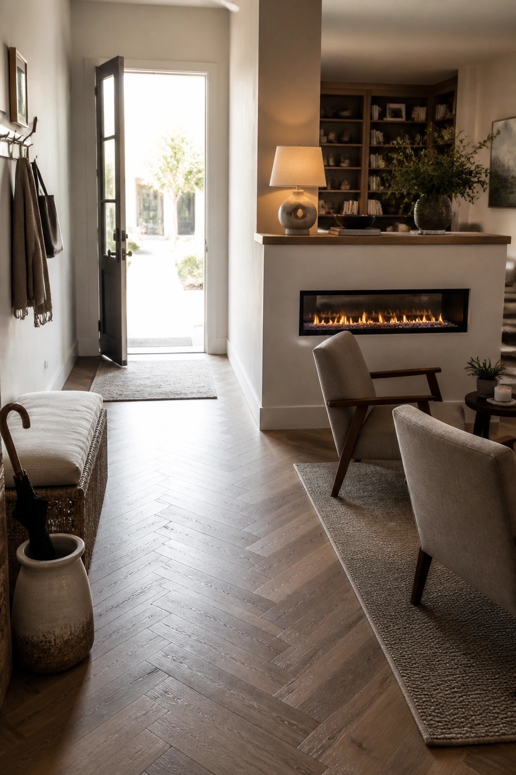 An interior view showing a linear fireplace set into a white low built-in divider, with two armchairs on a rug facing it and an open doorway leading to an entry area.