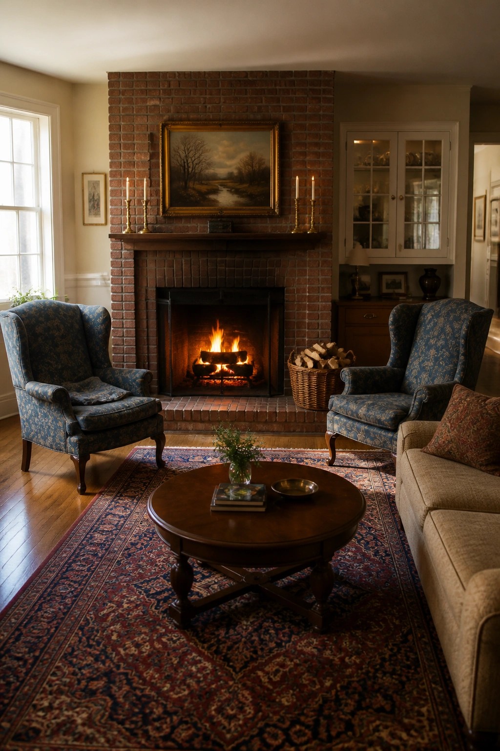 Cozy living room with brick fireplace, blue wing chairs, round wood table on rug