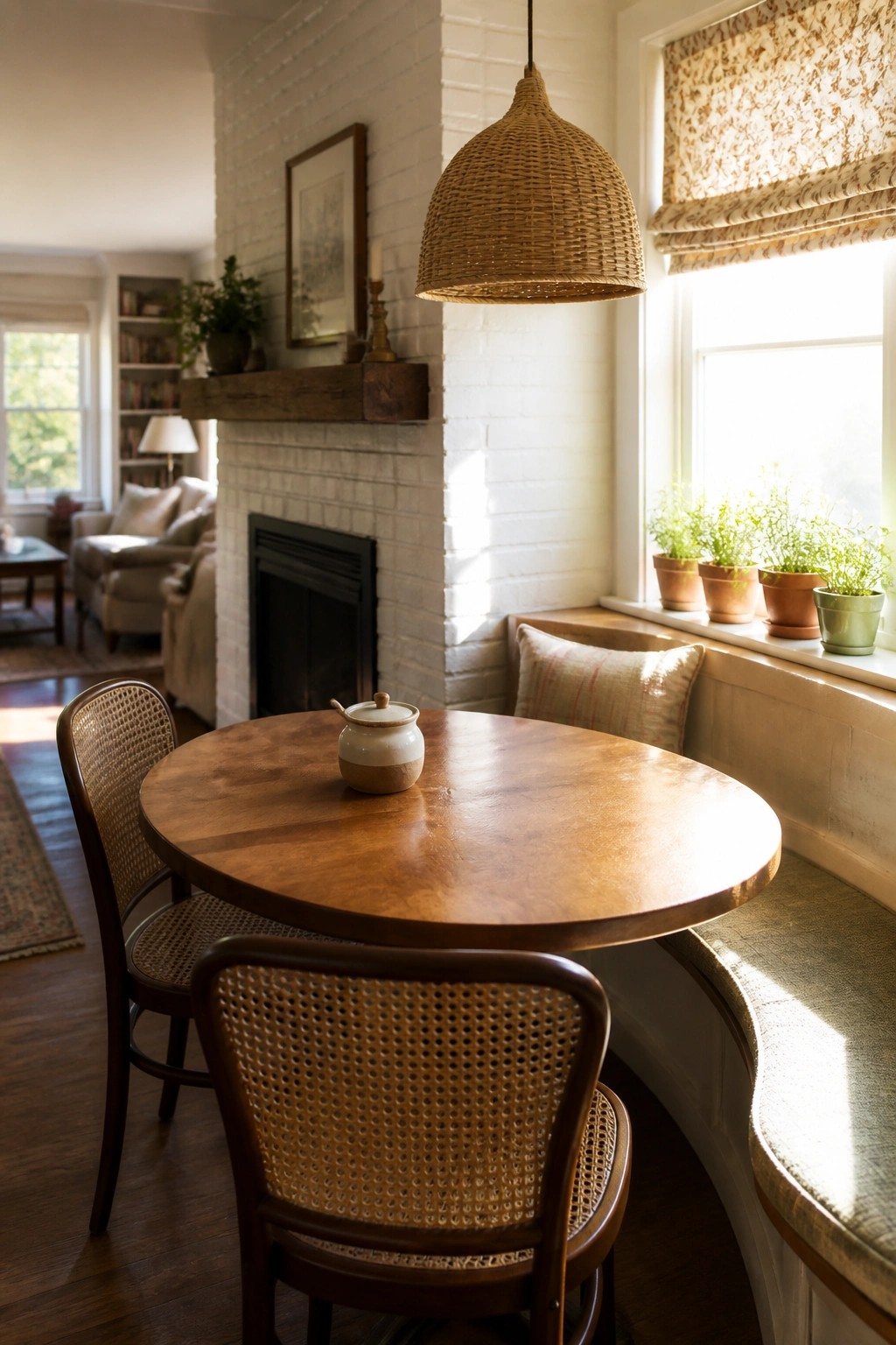 A round wooden table with cane-backed chairs sits in front of a white brick fireplace, next to a window with potted plants and a built-in bench.