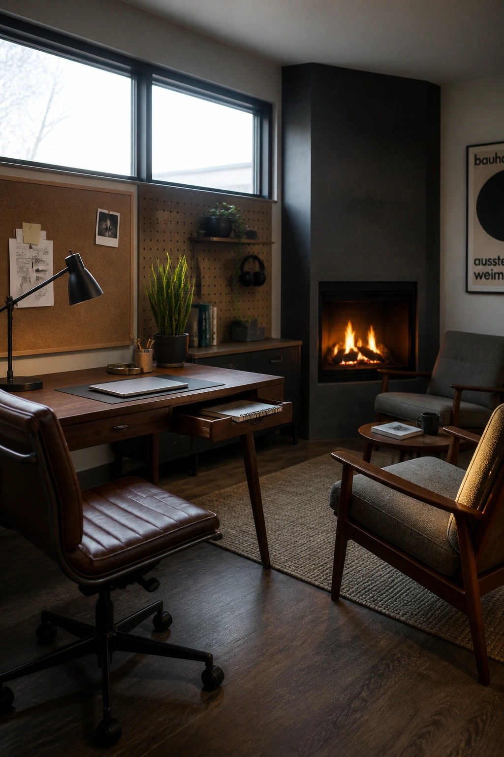 A modern interior showing a wooden desk with leather office chair on the left and a fireplace with two upholstered armchairs on the right, set on a large area rug.