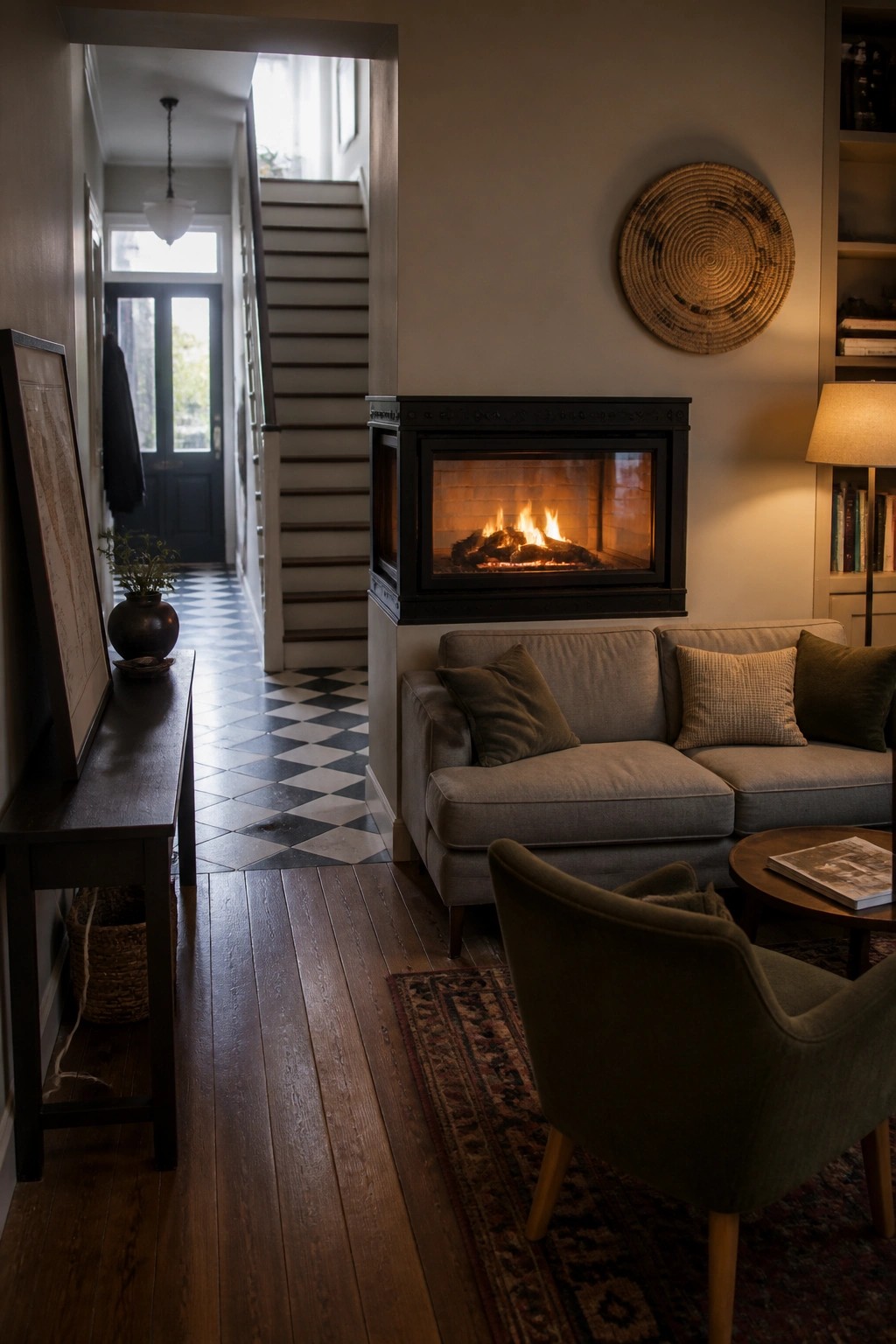 A living room featuring a black fireplace with a burning fire, a gray sofa in front of it, a green armchair, a wooden console table, and a view into a checkered tile hallway with stairs.