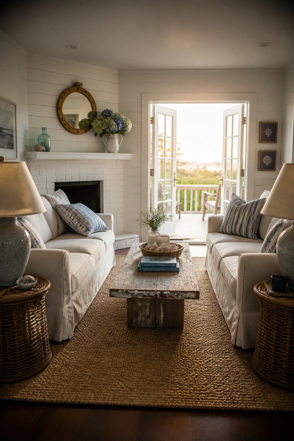 A living room with two white sofas facing each other across a wooden coffee table, a white brick fireplace on the left wall, and open French doors at the back leading outside.