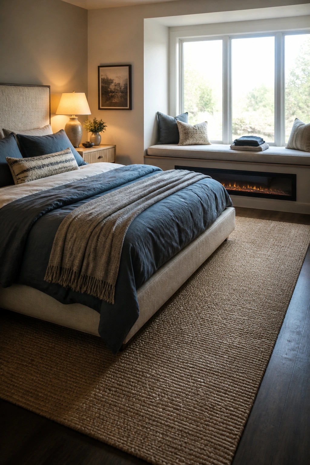 A bedroom with a bed covered in blue linens next to a long window seat that has a linear fireplace built into its base.