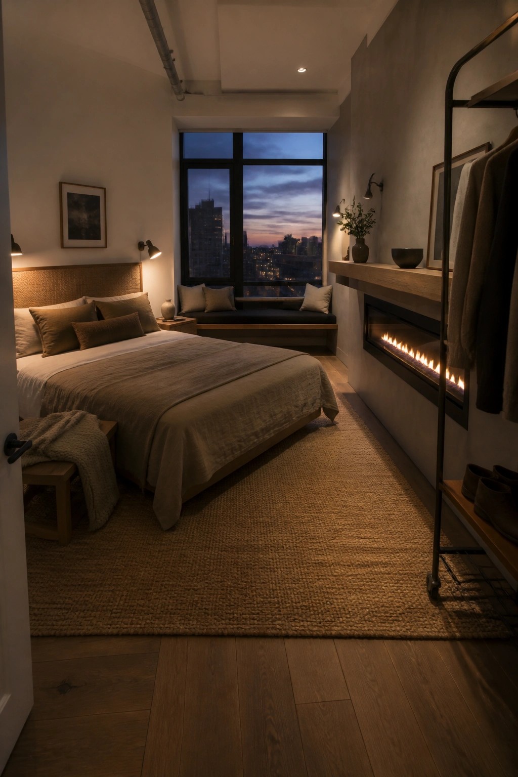 Cozy bedroom with bed, jute rug, city-view window, and glowing fireplace.
