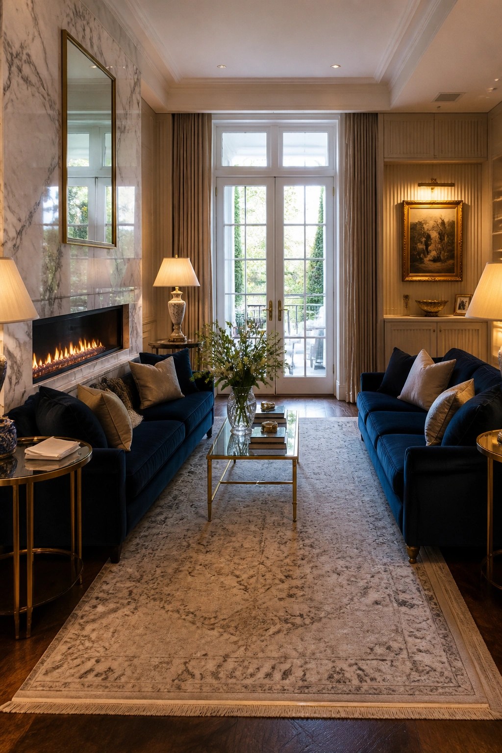 A living room featuring two navy blue sofas facing each other across a glass coffee table, a marble fireplace on the left wall, and double glass doors at the far end.