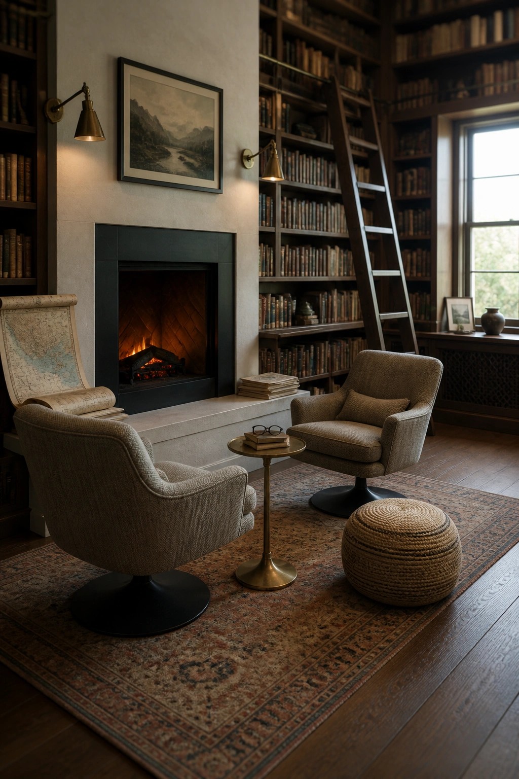 A library room with a dark fireplace, two upholstered swivel chairs on a rug, bookshelves with a ladder, and a small round table between the chairs.