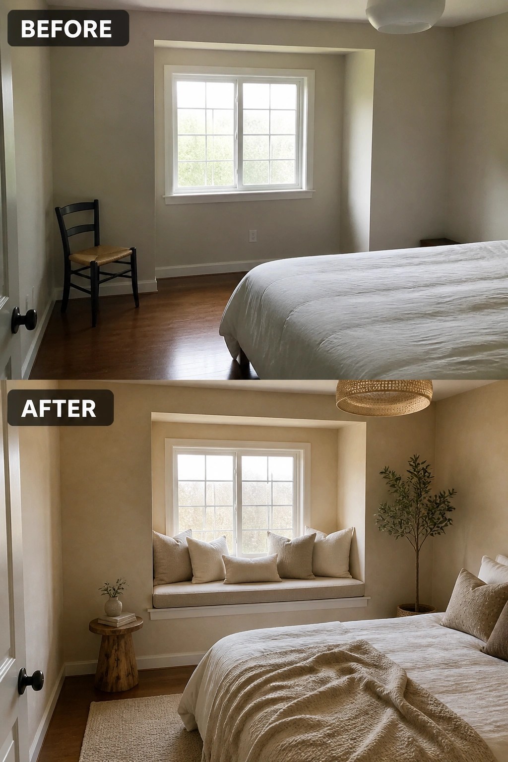 Before and after bedroom with new cushioned window seat and woven light