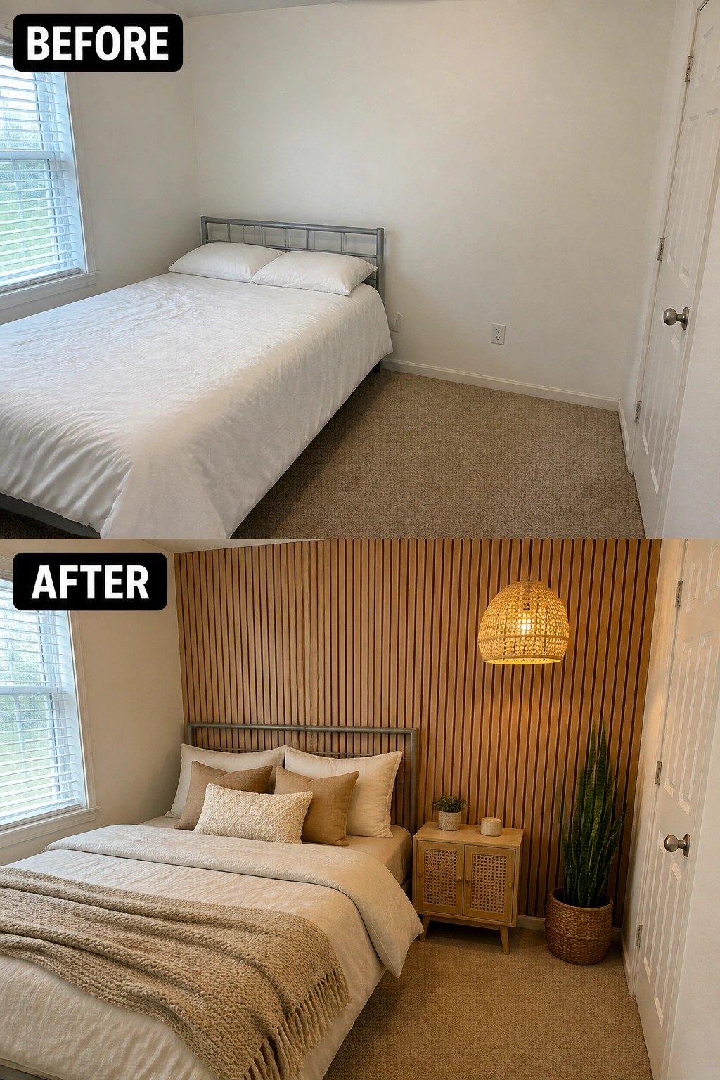 Bedroom before and after with wood accent wall, neutral bedding, and woven pendant light.