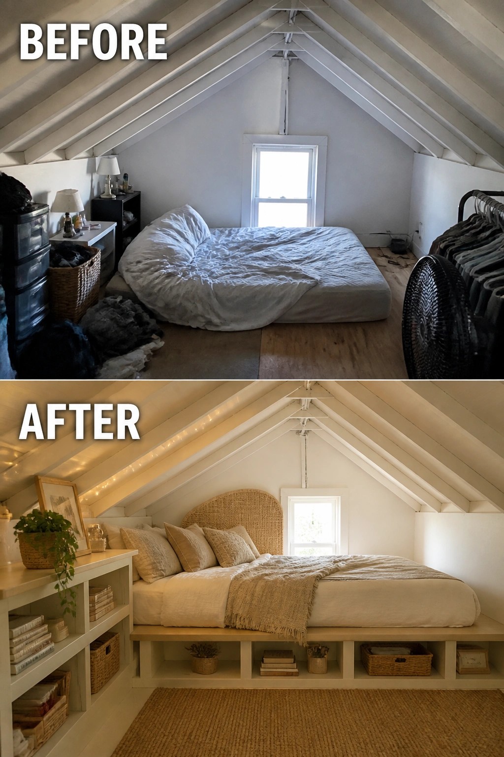 Before and after of messy attic bedroom transformed into tidy minimalist space with built-in bed