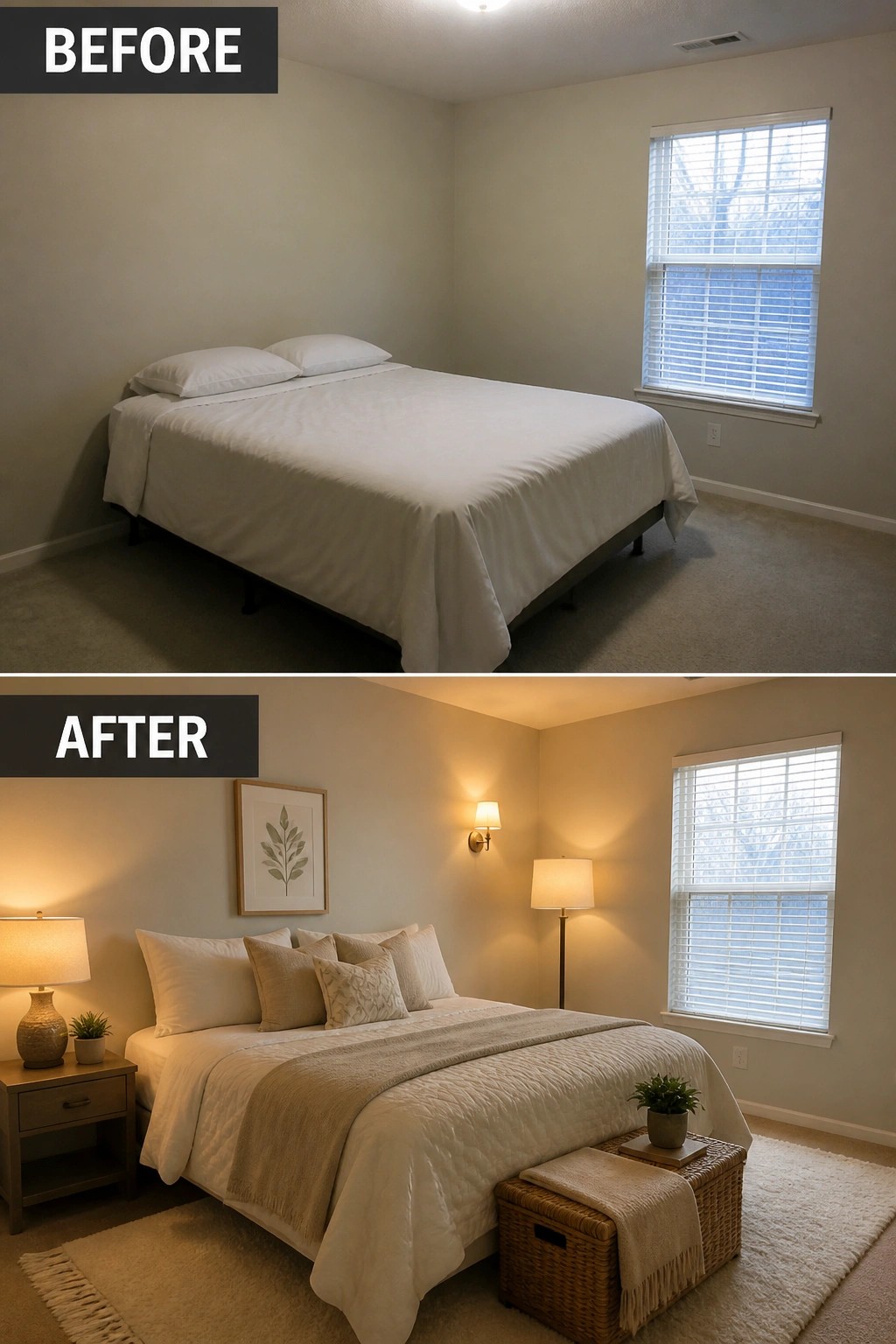 Before and after of a plain bedroom upgraded with warm lighting and decor.