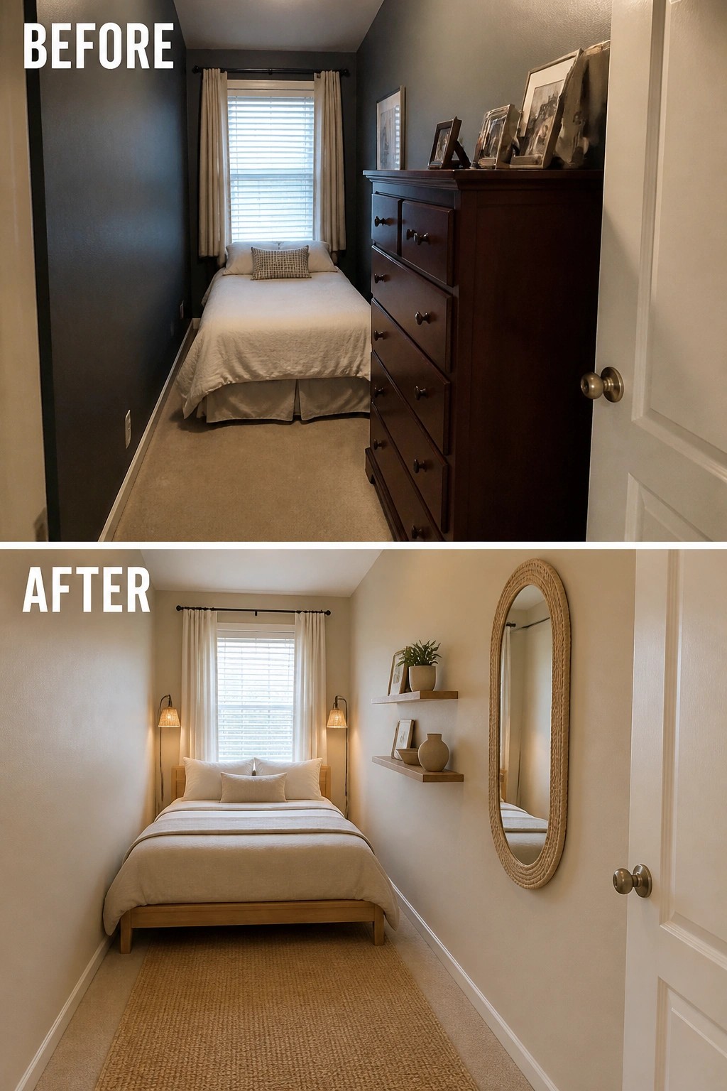 Before and after narrow bedroom with dark walls transformed to light minimalist decor