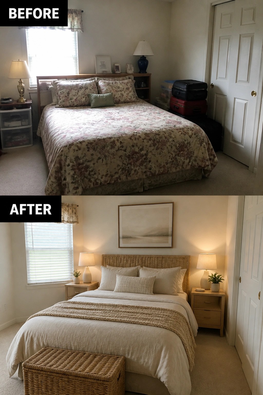 Before and after bedroom makeover from floral bedding to neutral minimalist decor.