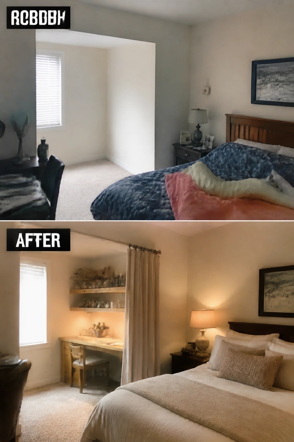 Before-and-after image of a bedroom where an empty open doorway was turned into a desk nook with shelves and a curtain divider.
