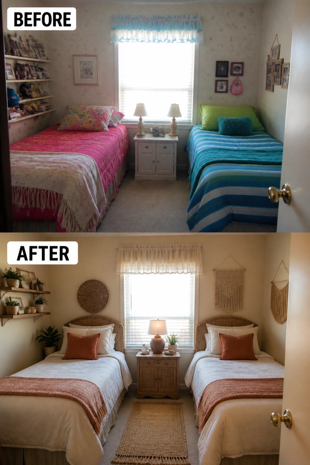 Before and after of twin bedroom makeover from colorful to neutral boho style.