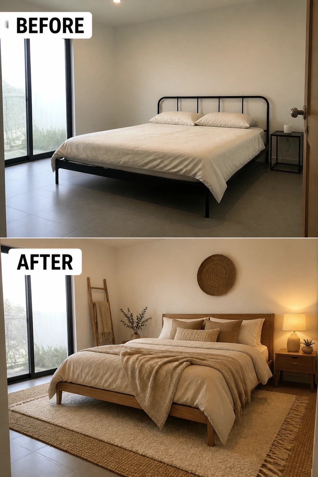Before and after bedroom with black metal bed transformed into cozy wooden frame setup