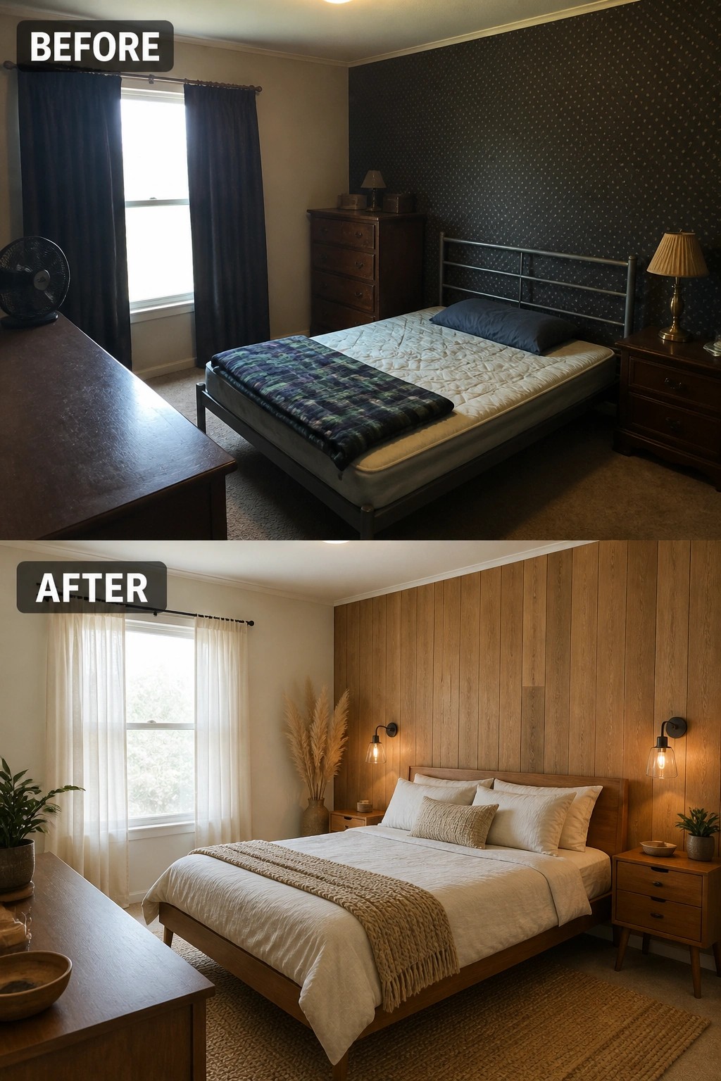 Before and after bedroom renovation from dark patterned walls to bright wood paneling