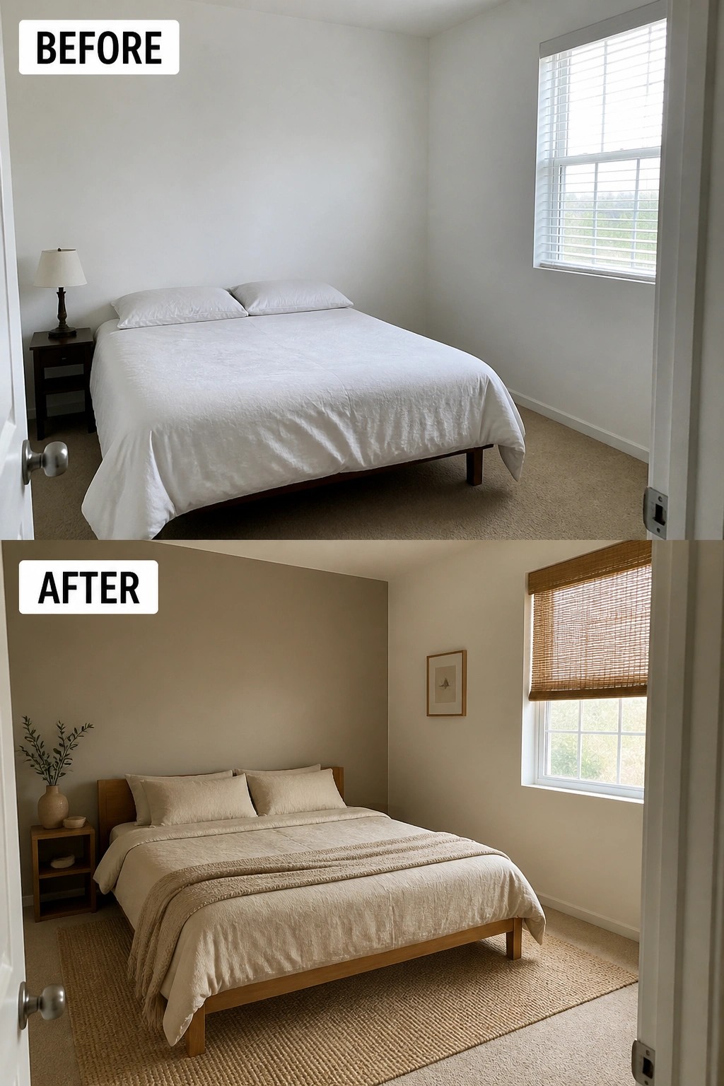 Before and after minimalist bedroom with white and beige bedding, walls, and decor