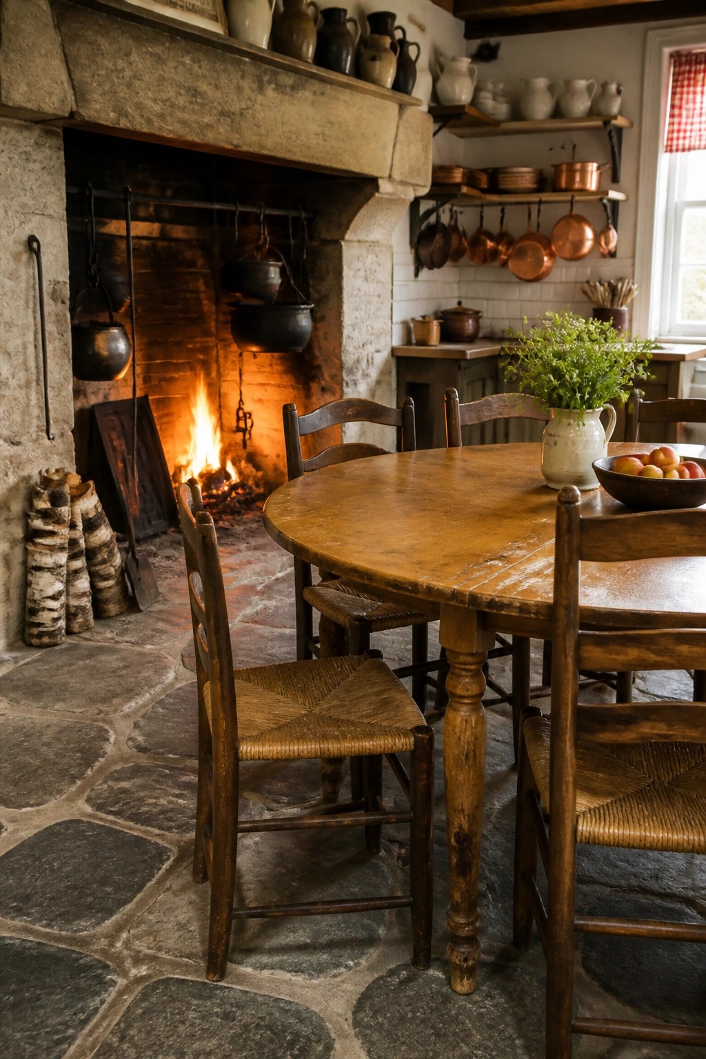 A rustic kitchen with a large stone fireplace burning wood, a round wooden dining table, and several wooden chairs with woven seats on a flagstone floor.
