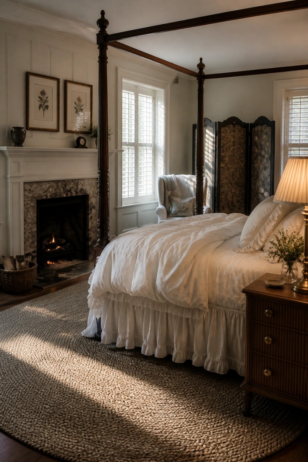 A traditional bedroom featuring a wood-burning fireplace with a white mantel, framed botanical prints above it, a four-poster bed with white linens, and sunlight coming through shuttered windows.