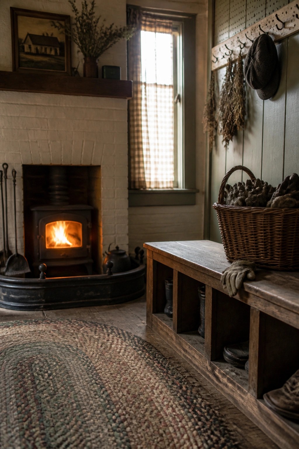 A traditional interior with a wood stove inside a white brick fireplace, a wooden storage bench holding a basket of pinecones, and boots stored in the bench cubbies.