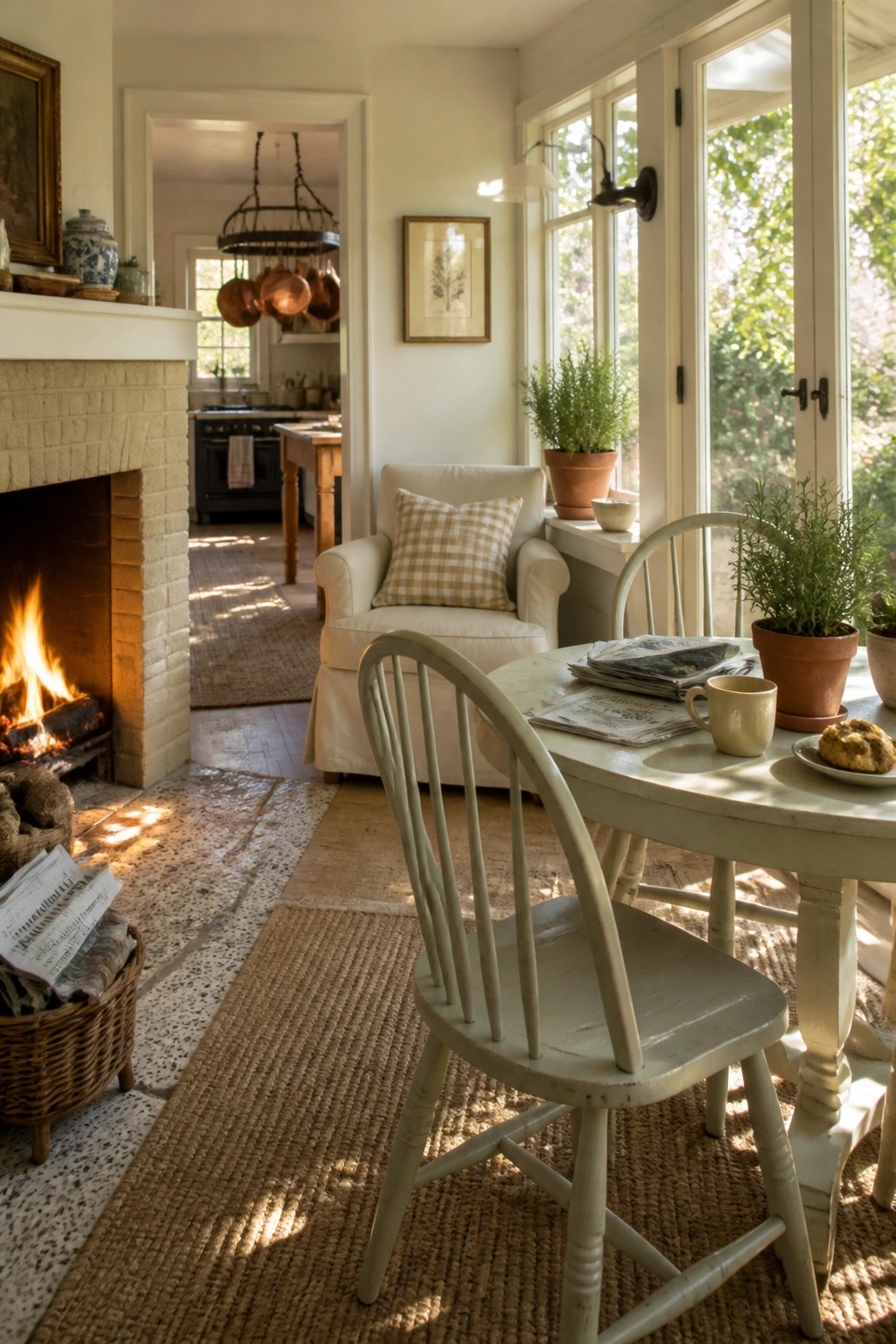 A traditional interior with a lit brick fireplace, white mantel, upholstered armchair, round table, and view into a kitchen.
