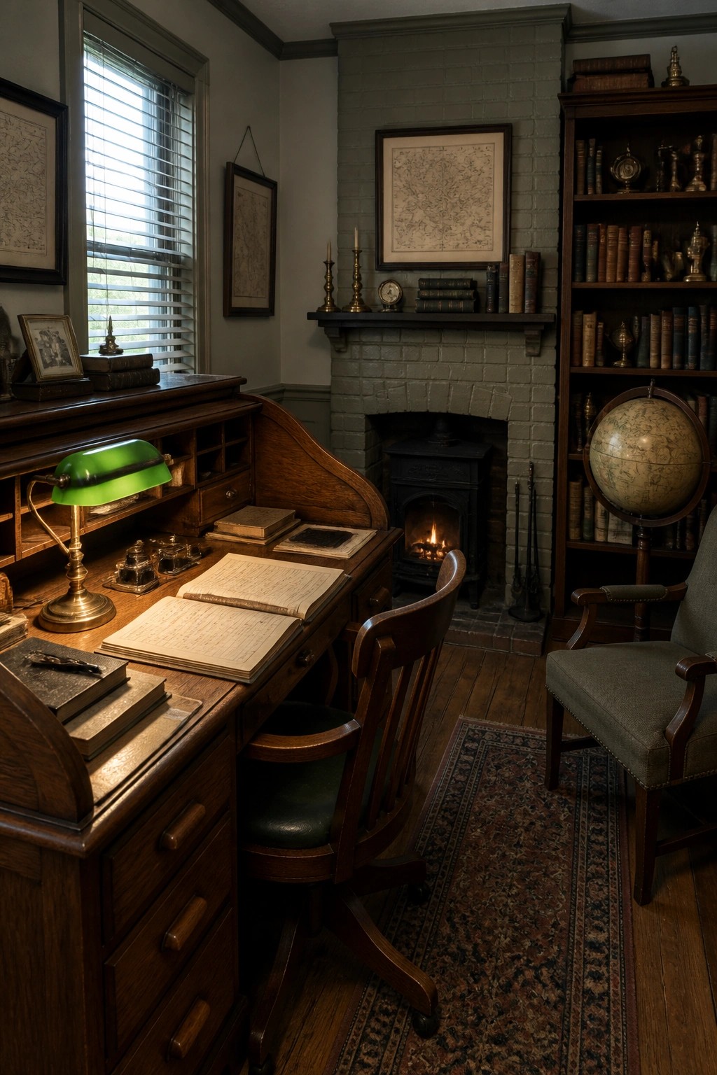 A traditional study interior featuring a wood-burning fireplace set into a gray brick wall with a dark mantel, a wooden roll-top desk in front, and a tall bookshelf to the right.