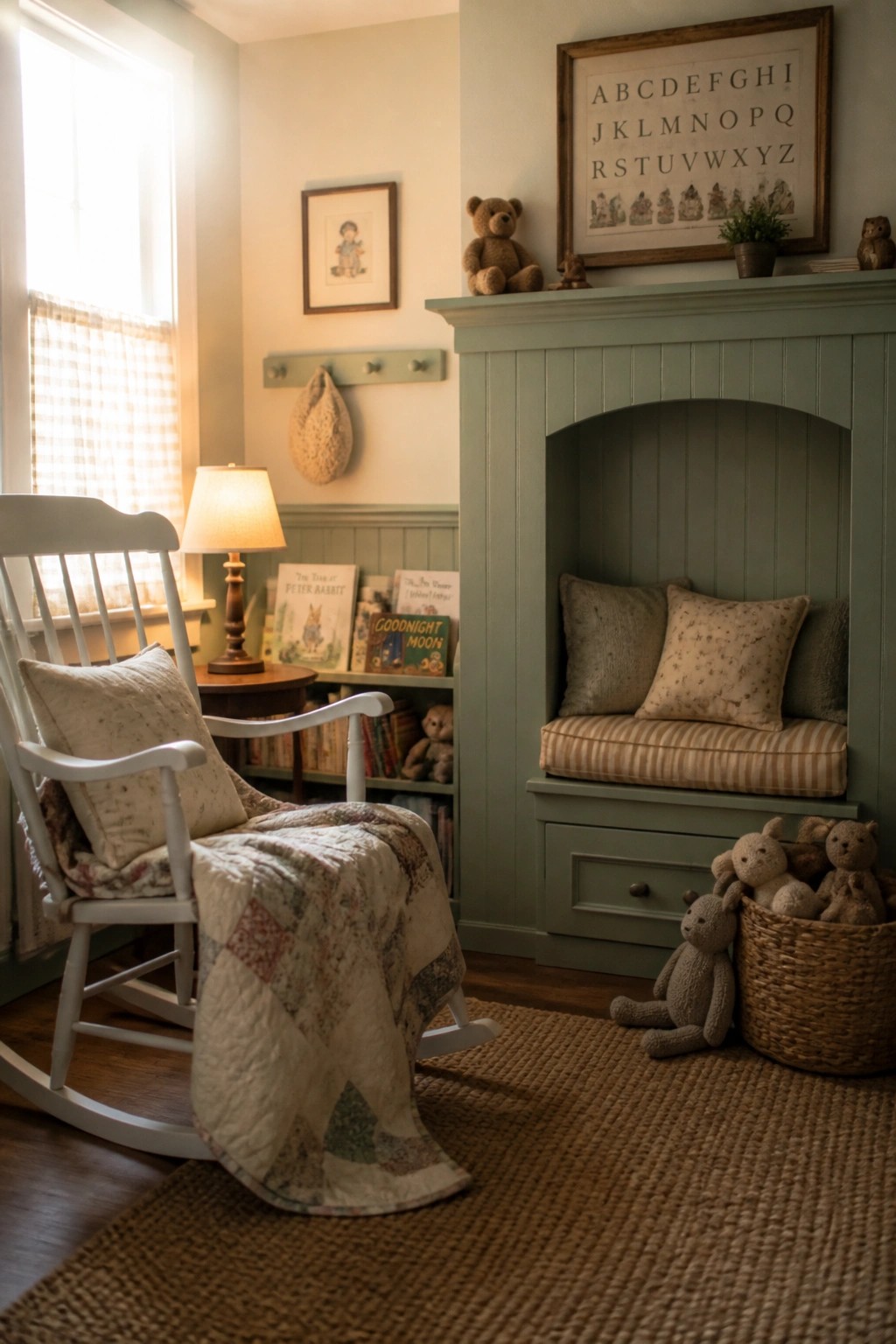 A traditional children's room with a white rocking chair beside a green painted fireplace that has a built-in bench seat with cushions and a storage drawer below.