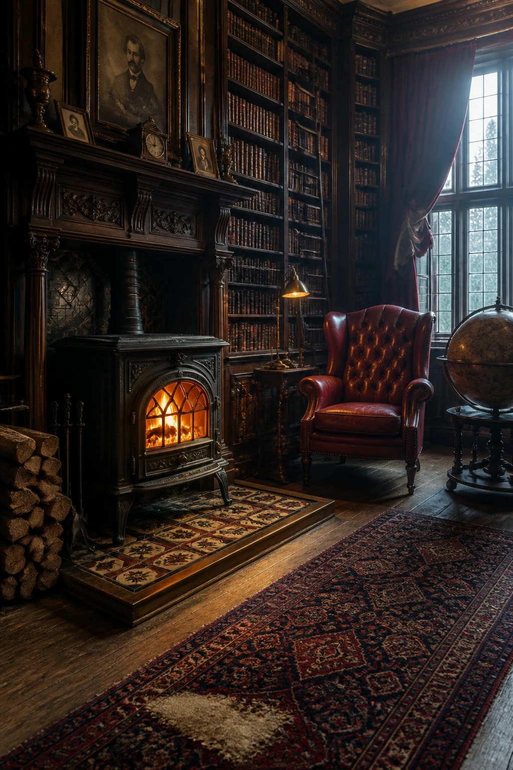 Cozy library with red leather armchair, glowing wood stove, bookshelves, and globe.