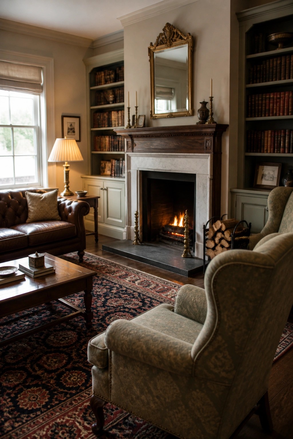 A traditional living room with a wood-burning fireplace centered between built-in bookshelves, a brown leather sofa on the left, upholstered armchairs in the foreground, and a patterned rug on dark wood floors.