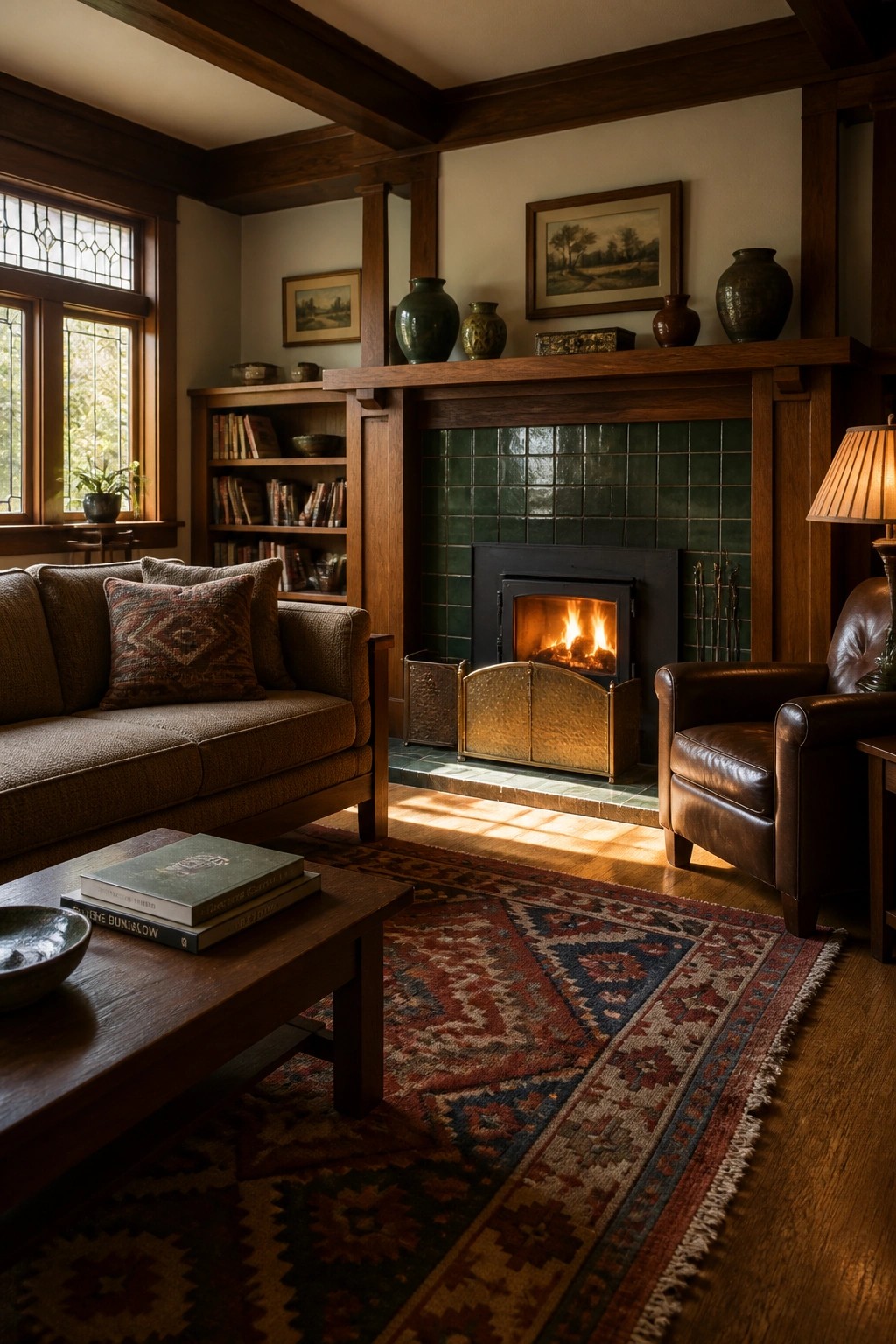 A living room with a wood-burning fireplace set in green tile, a wooden mantel, built-in bookshelves to the left, and a sofa and leather chair nearby.