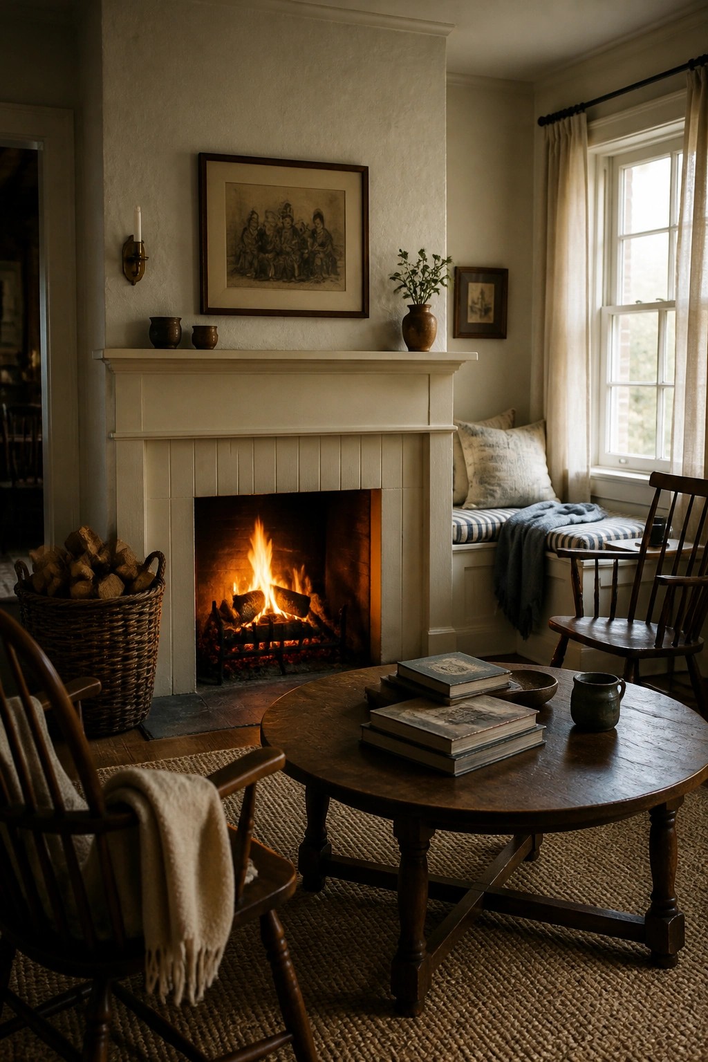 A traditional living room centered on a lit wood-burning fireplace with a white mantel, wooden chairs, a round coffee table holding books, and a window seat nearby.