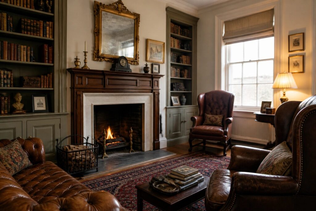 A traditional living room with a wood-burning fireplace centered between built-in bookshelves, a brown leather sofa on the left, upholstered armchairs in the foreground, and a patterned rug on dark wood floors.