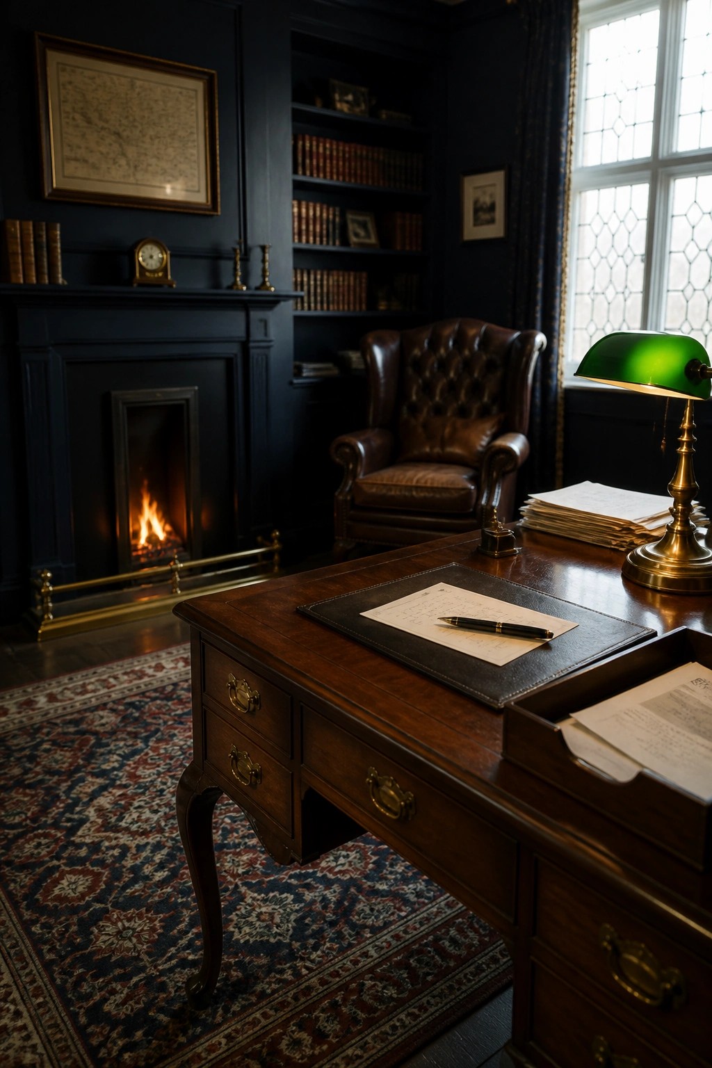 A traditional home office featuring a wood-burning fireplace, dark wood desk with papers, and brown leather armchair.