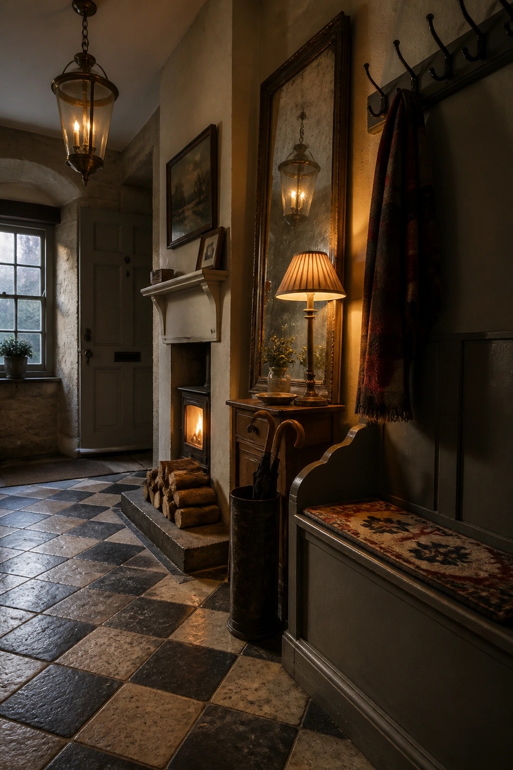 A traditional home entry hallway with a lit wood-burning fireplace set into a plastered wall, stacked firewood beside the hearth, and a black and white checkered tile floor.