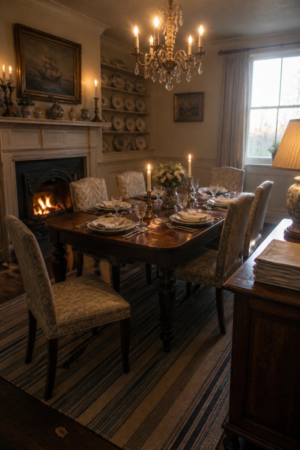 A traditional dining room with a lit wood-burning fireplace on the left wall, a long wooden dining table set for a meal, and a lit chandelier above.