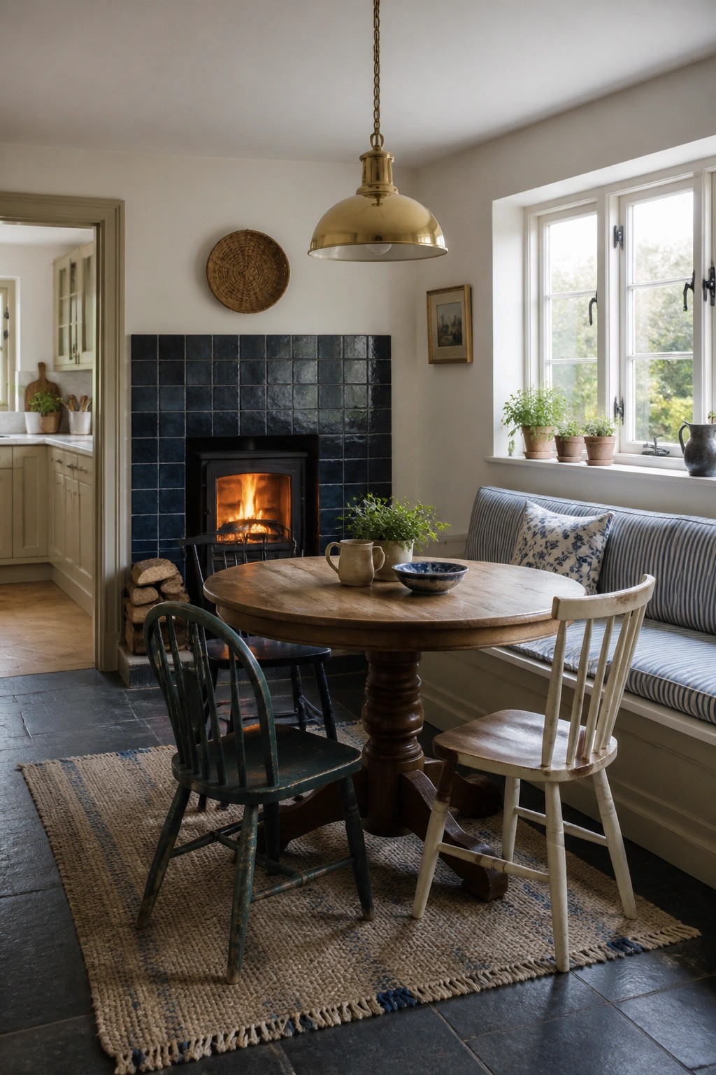 A round wooden dining table with mismatched chairs sits on a woven rug directly in front of a wood-burning fireplace with a dark blue tile surround.