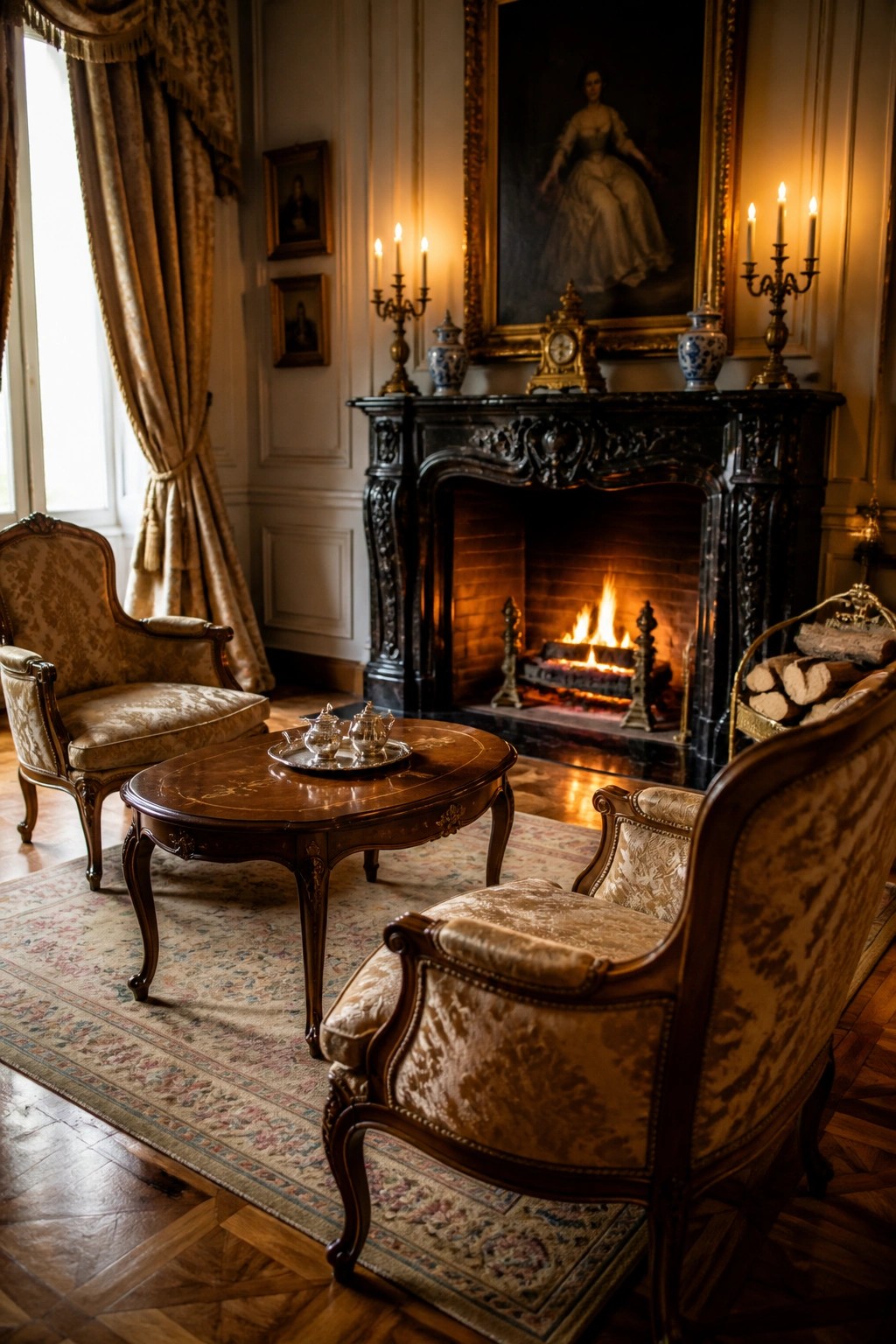 A traditional living room with a lit wood-burning fireplace, ornate black mantel, and upholstered armchairs arranged on a patterned rug.