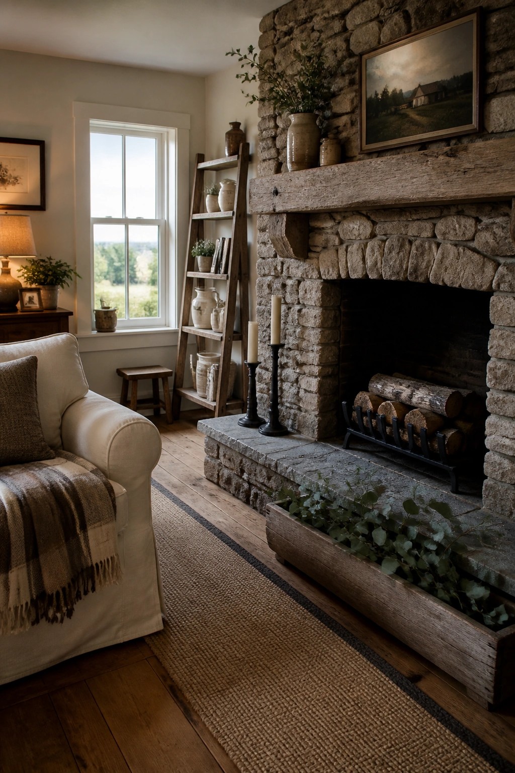 A living room with a large stone fireplace topped by a thick wooden mantel, a white sofa on the left, and a wooden ladder shelf holding pottery beside the hearth.